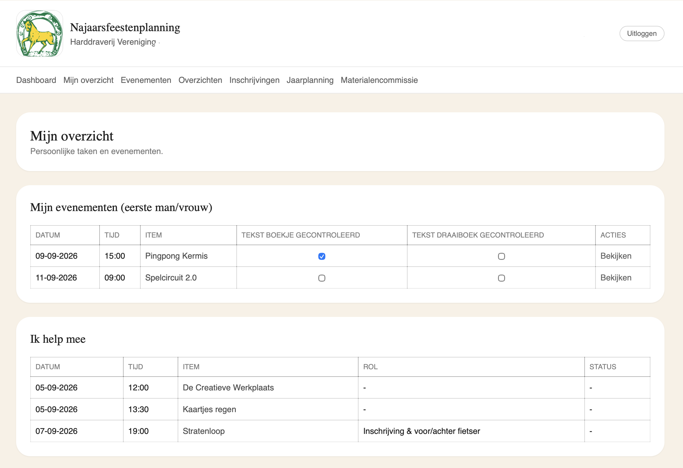 Screenshot van de Harddraverij Planner voor Harddraverij Vereniging Hillegom e.o.